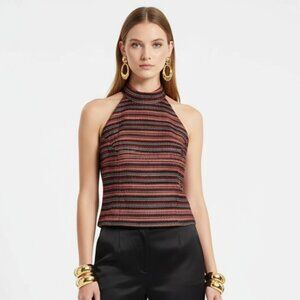 Cache Red Black & Gold Striped Sleeveless Halter Top New 10